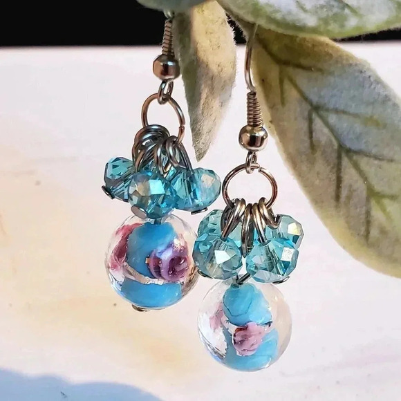 Handcrafted Turquoise Blue Murano Glass Flower Czech Crystal Beads Earrings - Picture 7 of 7